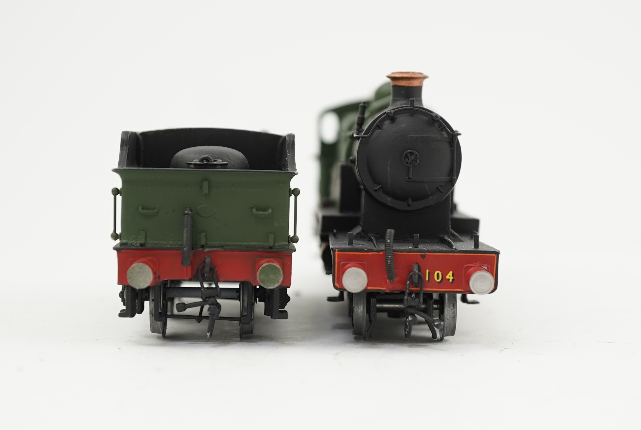 Two 00 gauge brass and white metal kit built GWR tender locomotives; a 4-4-2, Alliance 104, together with a Bulldog class 4-4-0, Barbados 3466, constructed, painted and lined to a high standard, both motored for two rail